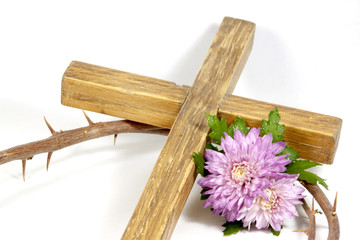 Wooden Cross Crown Of Thorns With Chrysanthnum