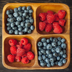 Wooden bowl of raspberries and blueberries