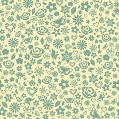 Seamless pattern of flowers, turquoise on yellow