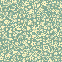 Seamless pattern of flowers, yellow on turquoise