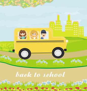 Illustration of a school bus heading to school with happy childr
