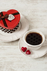 Valentine's day tea set with cup of coffee and gift box