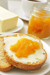 coffee, bread, butter and jam