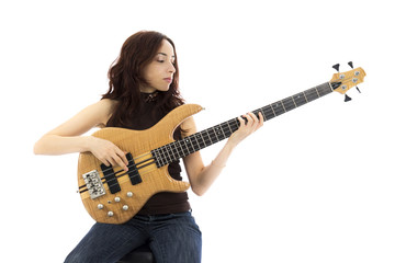 Woman with a bass guitar - obrazy, fototapety, plakaty