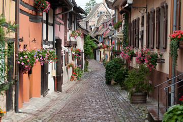 Street with half-timbered medieval houses in Eguisheim - obrazy, fototapety, plakaty