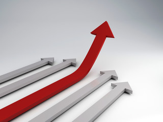 Arrow group whit red leader concept  3d Render