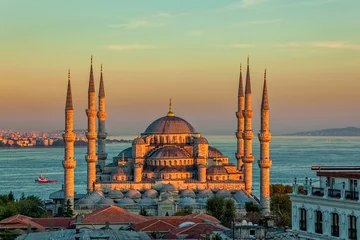 Fotobehang Turkije Blauwe moskee in Istanbul bij zonsondergang