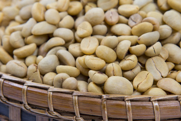 Coffee beans on wicker Basket.