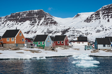 Colorful houses in springtime, Qeqertarsuaq, North Greenland