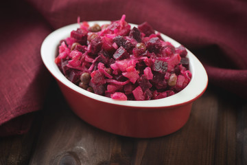 Close-up of russian beetroot salad with oil and vinegar