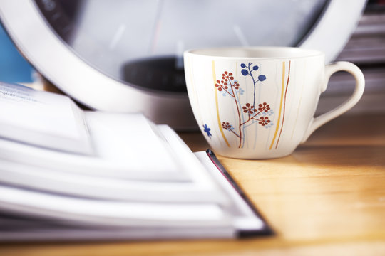 coffee cup on working desk close up