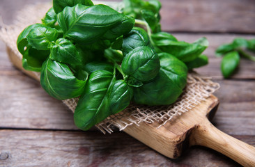 Fresh leaves of basil on a old wooden table - obrazy, fototapety, plakaty