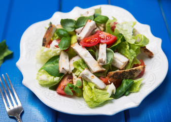 grilled chicken salad with fresh vegetables and basil