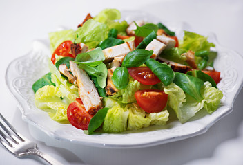 grilled chicken salad with fresh vegetables and basil - obrazy, fototapety, plakaty