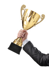 Businessman holding a champion golden trophy on white background