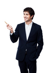 businessman pointing with pen on white background