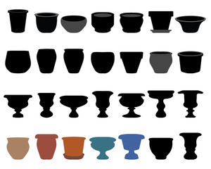 Silhouettes of flower pots and clay pots, vector illustration