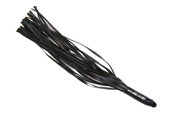 Black leather whip with penis grip