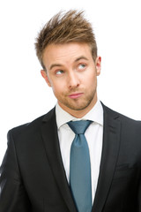 Frontal view of tired manager, isolated on white