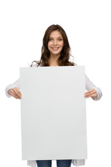 Half-length portrait of smiley girl handing copyspace 