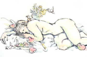 Original watercolor nude figure © tigger11th