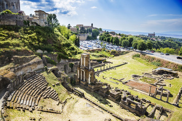 Aerial view of ancient roman amphitheatre - obrazy, fototapety, plakaty