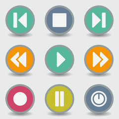 Media player web icons, color circle buttons