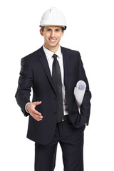 Engineer in white helmet handshake gestures 