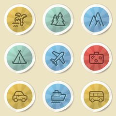 Travel web icons, color vintage stickers