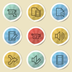 Audio video edit web icons, color vintage stickers
