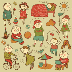 Cartoon children play with toys