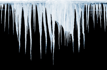 Group of icicles hanging on black background - obrazy, fototapety, plakaty