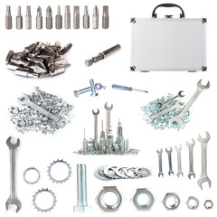 Collage of metal workshop tools isolated on white