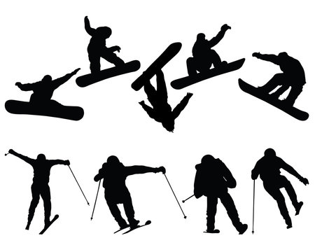 Silhouettes of snowboard and ski jumpers, vector