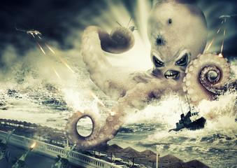 War with a large sea monster - octopus alien