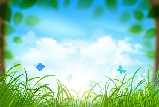 Spring landscape with clouds. Vector