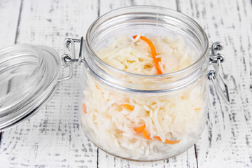 Marinated cabbage (sauerkraut) in glass jar,