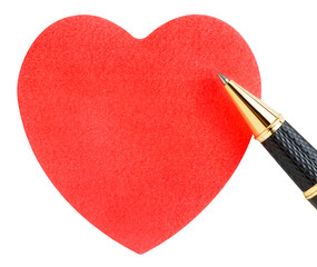 Paper sheet in the shape of a heart with pen isolated on white
