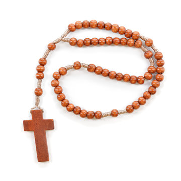 Wooden Plain Rosary On White Background.