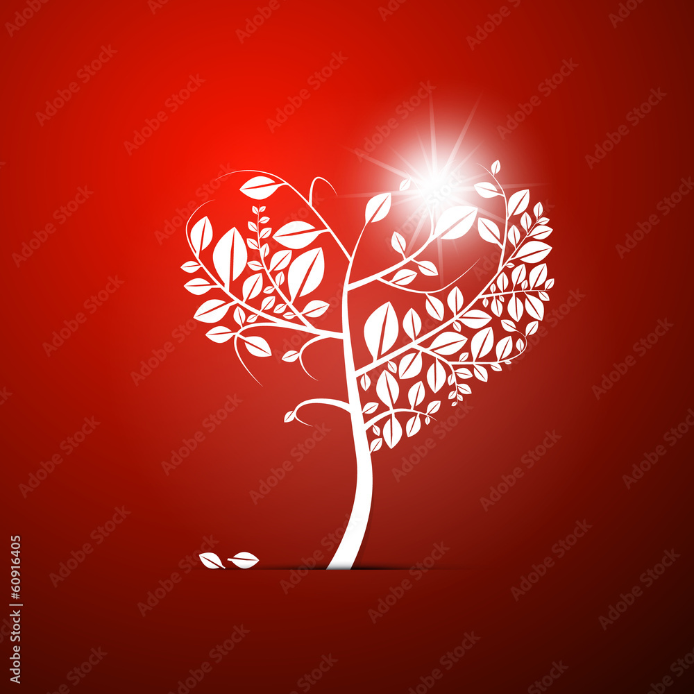 Poster abstract vector heart-shaped tree on red background