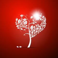 Abstract Vector Heart-Shaped Tree on Red Background