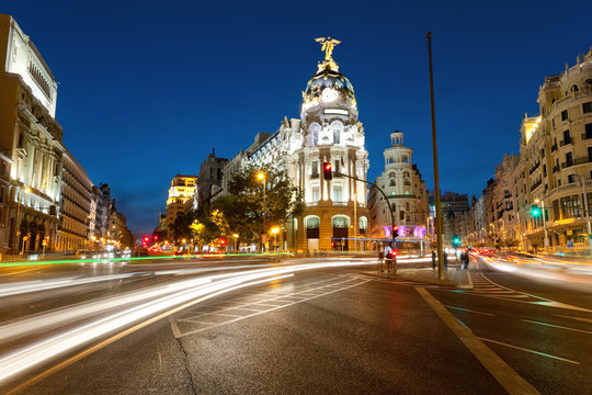 Alcala and Gran Via street in Madrid by night