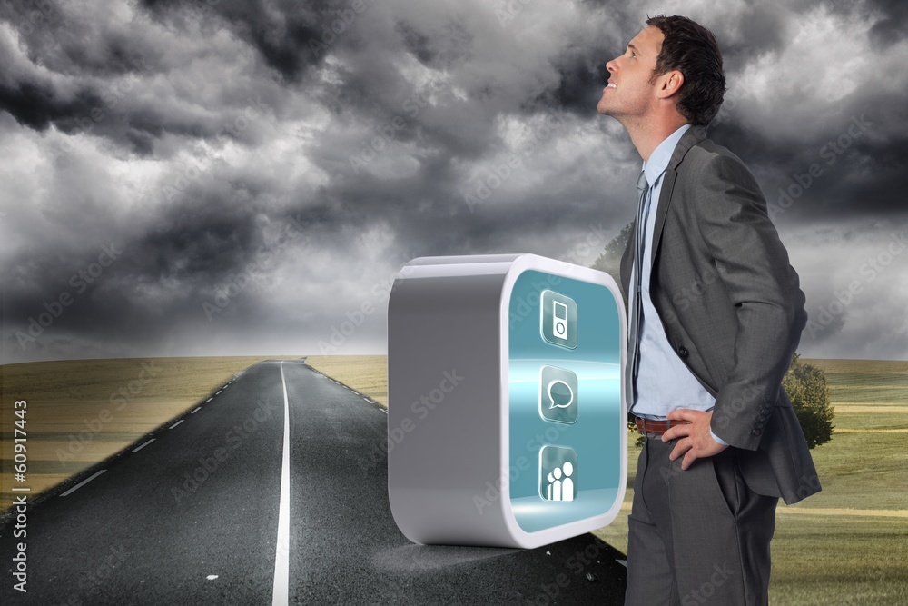 Poster composite image of smiling businessman with hands on hips