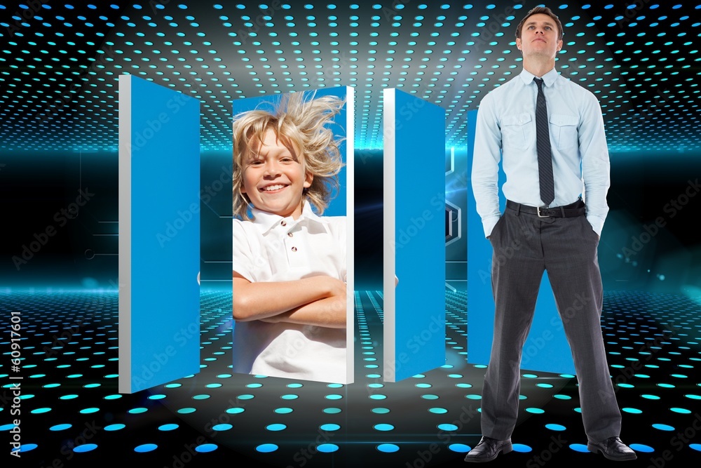 Poster composite image of serious businessman standing with hands in