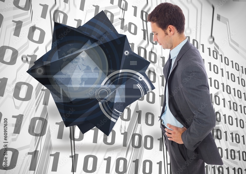 Poster composite image of serious businessman standing with hands on hi