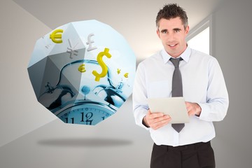 Composite image of portrait of a businessman with a tablet compu