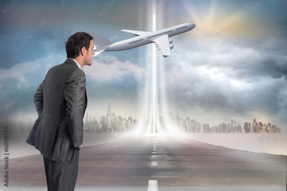 Poster composite image of smiling businessman with hands on hips