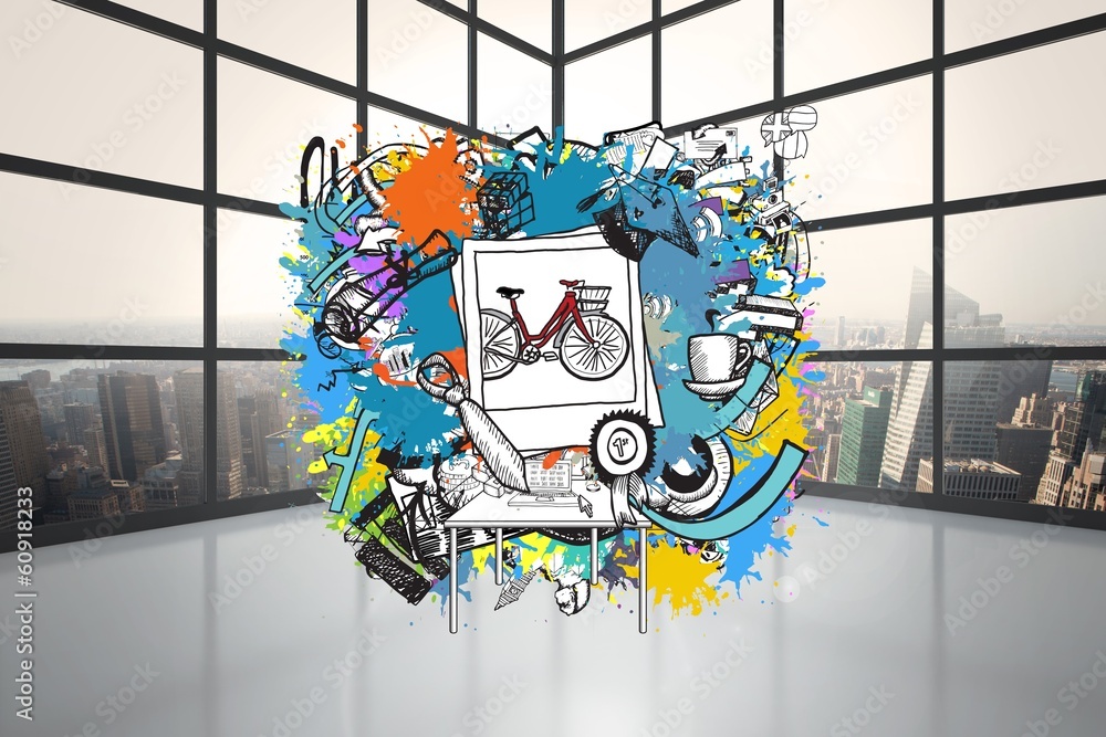 Poster composite image of life event doodles on paint splashes
