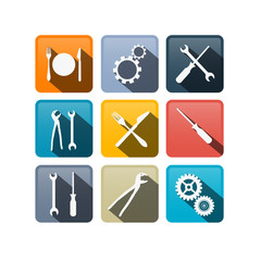 Retro Vector Buttons: Cogs, Gears, Screwdriver, Pincers, Spanner