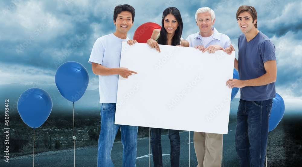 Poster composite image of smiling people holding and showing a big sign
